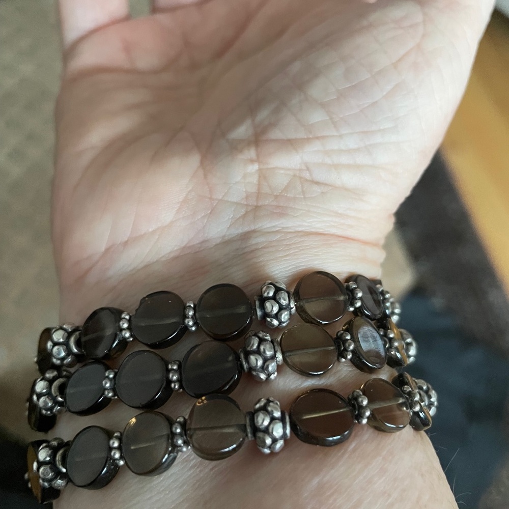 Smokey Quartz and Sterling Silver Handcrafted Triple Strand Bracelet